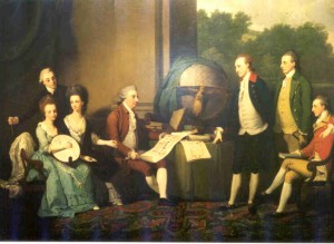 Painting by John Hamilton Mortimer of William Drake and family discussing the plans for the new house (PHO465a)
