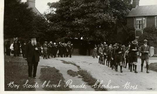 Ist Chesham Bois Scouts parading in front of Leazefield House, Bois Lane c1912