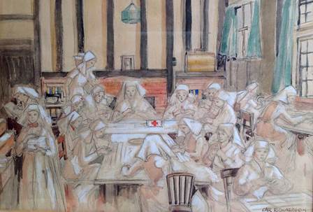 A painting of a working party in the Tithe Barn making dressings.