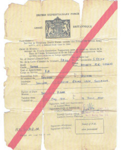 Roland Hatchett’s Travel Permit dated 15 May 1940 when he was a despatch rider in Bonnieres, France with the No 1 Well Boring Section, Royal Engineers