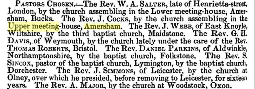 1841 Salter and Cocks chosen Pastors for Amersham