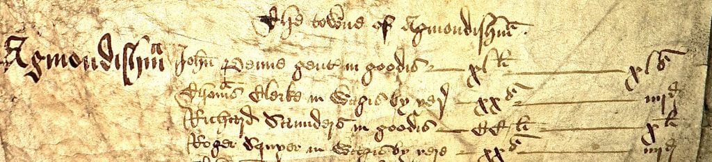 A close-up of an old parchment with handwritten text in Latin script, featuring ornate and stylised calligraphy with faded brown ink, listing names such as Richard Saunders alongside lines and marks.