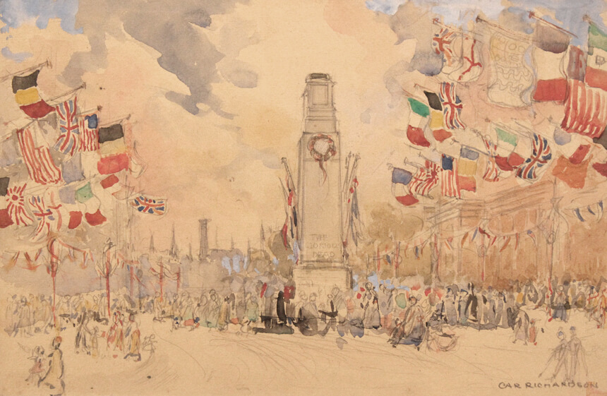 Painting by local artist, Car Richardson of the Peace Day celebrations in Whitehall