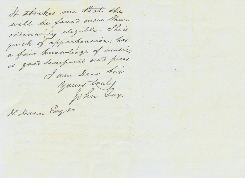 Letter of John Cox to Henry Dunn dated 11 Aug 1847 in support of Mary Jane Greenfield’s application to Borough Road College, BFSS Archive