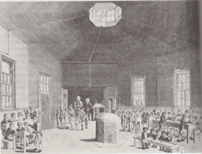 The engraving above is one of the best depictions of a monitorial school in session, but it shows a National, not a British, School. Note that here desks are ranged round the walls, while in a British School they were normally placed in the middle, leaving the walls free for charts, etc.