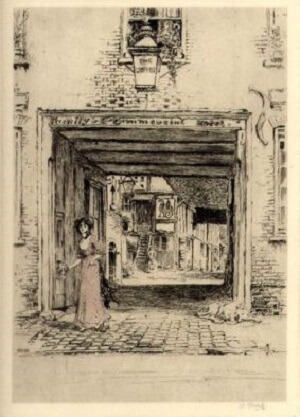 Monk etching of a lady in a pink dress leaving The Griffin courtesy of https://www.charterprints.co.uk/art/william-monk-the-griffin-amersham/