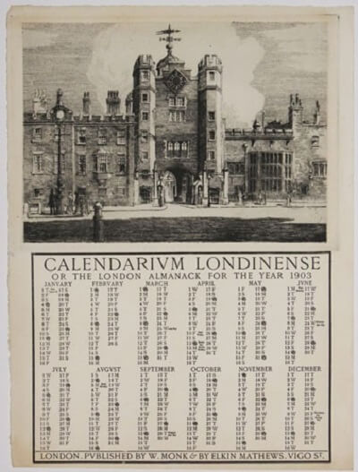 The first London Almanack founded by William Monk in 1903 showing his engraving of St James’ Palace courtesy of https://www.grosvenorprints.com/
