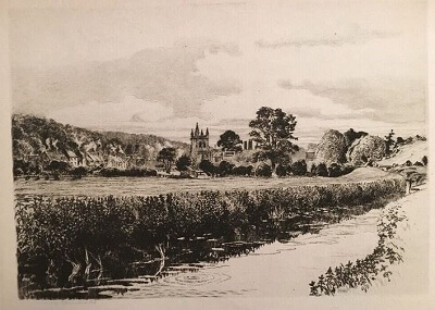 1904 etching by Monk of St Mary’s Church Amersham across the meadow courtesy of https://picclick.com/Antique-1904-Etching-W-Monk-AMERSHAM-England-Countryside-