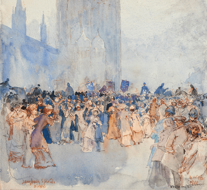 William Monk’s 1910 watercolour of police and suffragettes fighting outside Parliament courtesy of the Museum of London