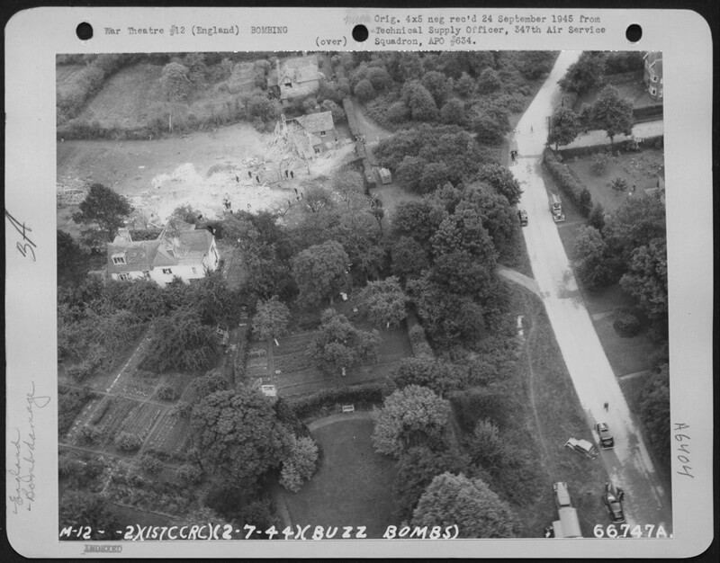 The aerial photo shows the site after the explosion of the VI rocket which killed him and demolished his house