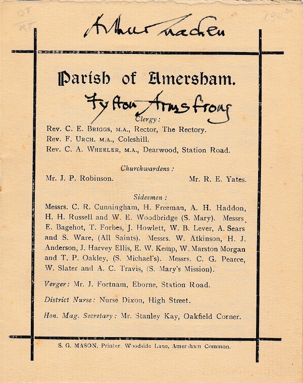 Parish of Amersham, Machen’s small booklet for St Mary’s, the parish church, written in 1930 (published 1931). Signed by Arthur Machen to ‘Fytton Armstrong’, his fan and biographer, who used the pen-name John Gawsworth. Gawsworth was known to be adept at faking Machen’s signature, so the veracity of the inscription is a little uncertain.