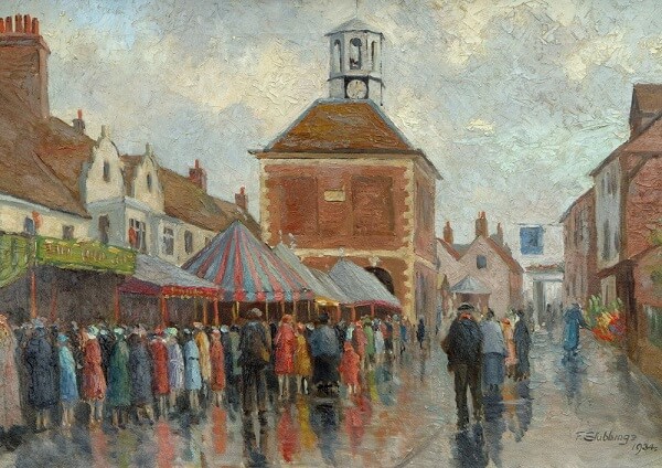 Painting of Amersham Fair in the rain during the 1930s which is part of the Amersham Museum collection