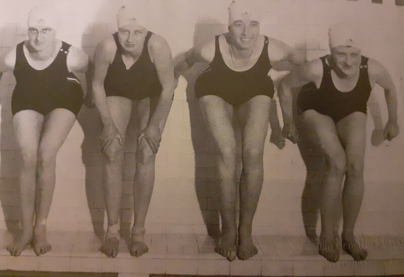 Press photo of the 1930 Gold Medal winning swimming Team. Doreen is far right and Joyce 2nd from the left. The other swimmers are Olive Joynes and Phylis Harding