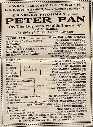 1910 Playbill for Peter Pan with Tessie Parke as Baby Mermaid and Liza, courtesy of the family