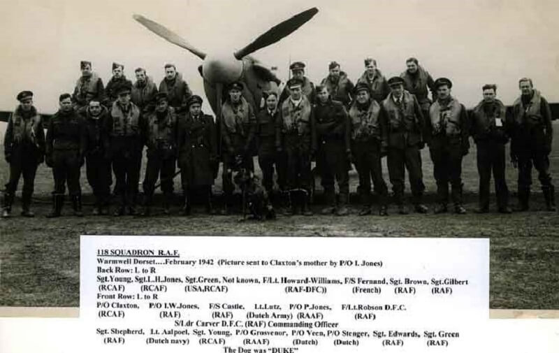 118 Squadron February 1942, courtesy of jeversteamlaundry.orgIt is believed that F/O Roddy Mackenzie is the unknown Pilot 4th from the left on the back row