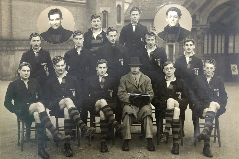 Roddy, middle row far right, with the Berkhamsted Ist XV Rugby Team, with permission of Berkhamsted School