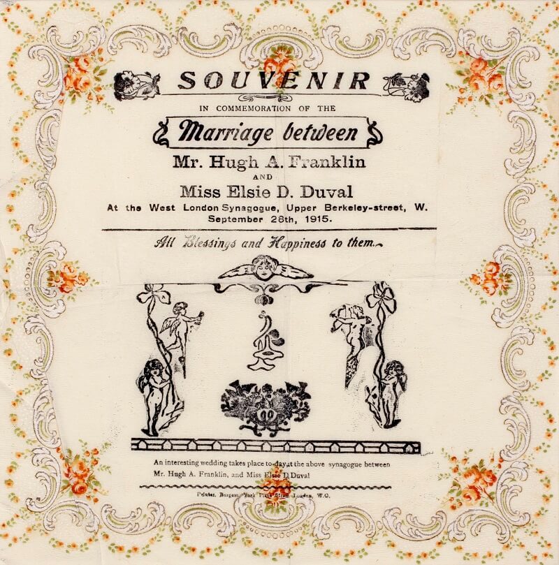 Souvenir napkin celebrating Hugh and Elsie's marriage courtesy of The Women’s Library @ LSE