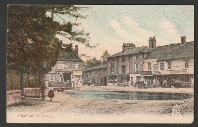 Postcard of Chalfont St Peter's around 1910 - the ford that Shakespeare would have had to walk through still running through the village centre