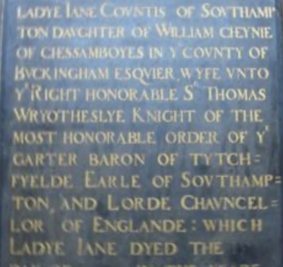 Tablet on the Southampton memorial at Titchfield showing Jane was the daughter of William Cheyne of "Chessamboyes" 