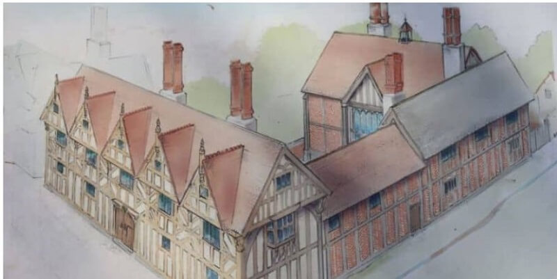 Artist's impression of New Place Stratford, bought by Shakespeare around 1598, demolished in the 18th century