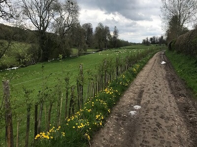 The Old London Road between Little Missenden and Amersham, now just a bridleway, running along the west bank of the River Misbourne by Shardeloes
