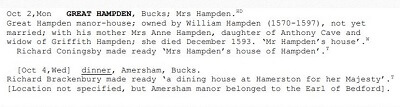 Section of that - showing Queen Elizabeth has dinner in "Hamerston" (i.e. Amersham) 4th October 1592