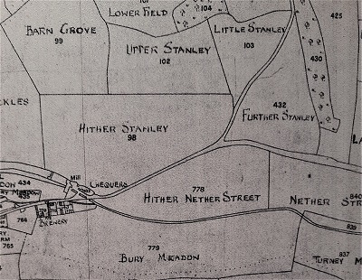 Extract from 1838 Map of Amersham, with the Chequers bottom left, showing the fields Upper, Little, Further and Hither Stanley