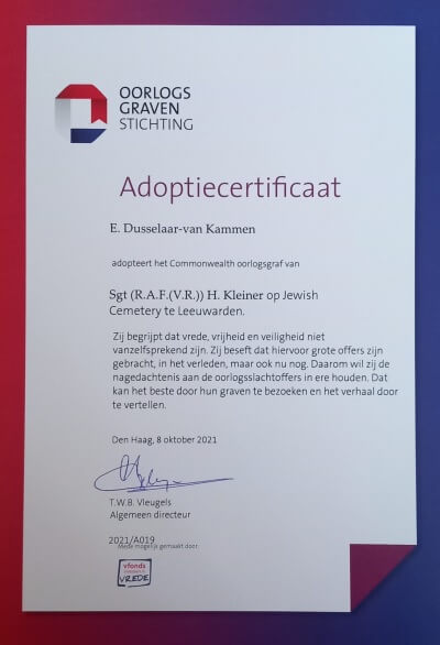 Elske Dusselaar Van Kammen’s certificate of adoption from the Dutch War Graves Foundation