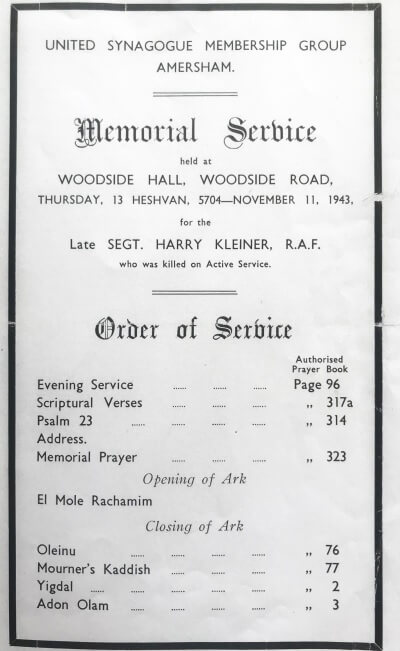 Order of Service for the Memorial Service to Sergeant Harry Kleiner held at the Amersham Synagogue, November 1943
