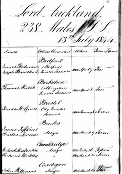Charles Sabatini (alias Charles Leverno) of Chesham Bois listed among the prisoners on the convict ship Lord Auckland bound for Van Diemen's Land in 1844