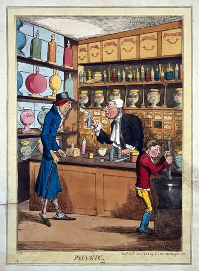 An interior of a stylish pharmacy with the pharmacist serving a customer and an apprentice at work with the pestle and mortar. Coloured etching by H. Heath, 1825. | Wellcome Collection 