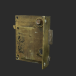 A close-up of an old, tarnished brass lock mechanism with visible wear, scratches, and rusted screws, set against a plain dark background.