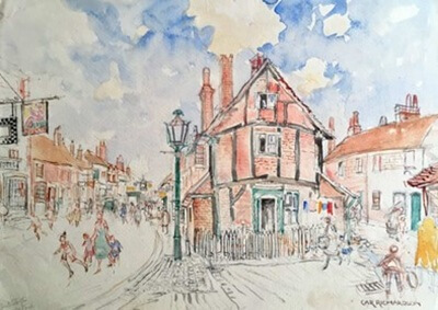 Car Richardson’s watercolour of the cottages at Market Square demolished in 1939