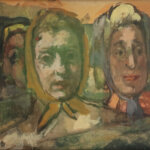 An abstract painting of three women in headscarves, with expressive, slightly blurred faces, rendered in earthy tones of green, brown, and beige, and brushstrokes giving a sense of movement and emotion.