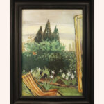 A framed painting depicts a garden scene with green bushes, blooming white flowers, tall trees in the background, and a striped lounger in the foreground, partially viewed through an open door on the right.