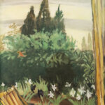 Painting of a garden with green bushes, tall trees, white and dark flowers; a lounger in the foreground; a red bird flying near the bushes; and part of a wooden structure on the right. The sky is pale and cloudy.