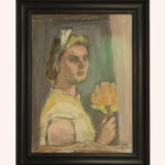 A framed painting depicts a woman in a yellow dress and headband, holding a yellow fan. The background is abstract with muted colours, and the woman gazes slightly to the left. The style is soft and impressionistic.