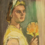 A painting of a woman wearing a yellow dress and headband, holding a yellow flower in her right hand. She looks out with a calm expression against a muted brown and green background.