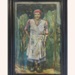 A framed painting of a woman standing outdoors, wearing a red headscarf, a white apron over a dress, and dark shoes, with greenery in the background. The style is expressive with visible brushstrokes.