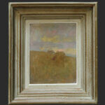 Framed painting depicting a soft, hazy landscape with a muted brown hill in the foreground and a sky with pastel clouds in the background. The frame is rustic with layered, weathered wood.