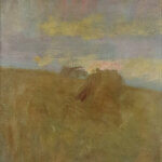 A muted, impressionist landscape painting with soft brown and yellow fields, distant haystacks, and a cloudy sky with hints of pink and purple. The brushstrokes are loose, giving a dreamy, hazy effect.