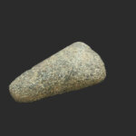 A roughly textured, cone-shaped stone tool with a wider, rounded end and a narrower, tapered end, set against a plain dark background.