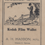 Vintage Kodak Film Wallet with a sketch of a woman reading and children playing golf, and text for name, price, order number, and size. Advertises A. H. Haddon, Chemist & Optician, High Street, Amersham.