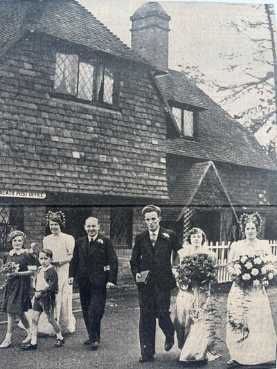 The wedding party walking through Hyde Heath after the ceremony 17 November 1938L to R Peggy Belsham, Maurice Dedman, Gladys Chapman, Mr W R Gavigan, George, Mary and Lily Nash 