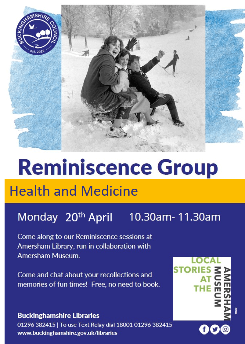 A flyer for a Reminiscence Group event by Buckinghamshire Libraries and Amersham Museum. Join us to share memories on Monday, 20th April, 10:30–11:30am at Amersham Library, featuring a nostalgic photo of children by a pond.