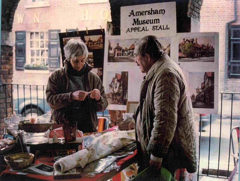 Barbara Webber (another key supporter of the Museum) and Eric Corns running the regular Saturday morning fundraising stall under the Market Hall, 1989