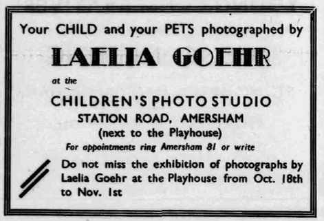 Black and white advertisement for children and pets photography by Laelia Goehr at the Children’s Photo Studio on Station Road, Amersham, with exhibition dates from 18 October to 1 November.