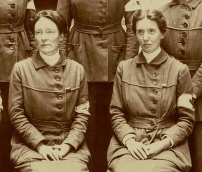 Doctors Louisa Garrett Anderson and Flora Murray in their WHC uniforms