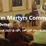 A group of people sitting in a circle in a community hall during a rehearsal for the Amersham Martyrs Community Play, with production dates listed as 11th, 12th, 13th, 18th and 19th March 2027.